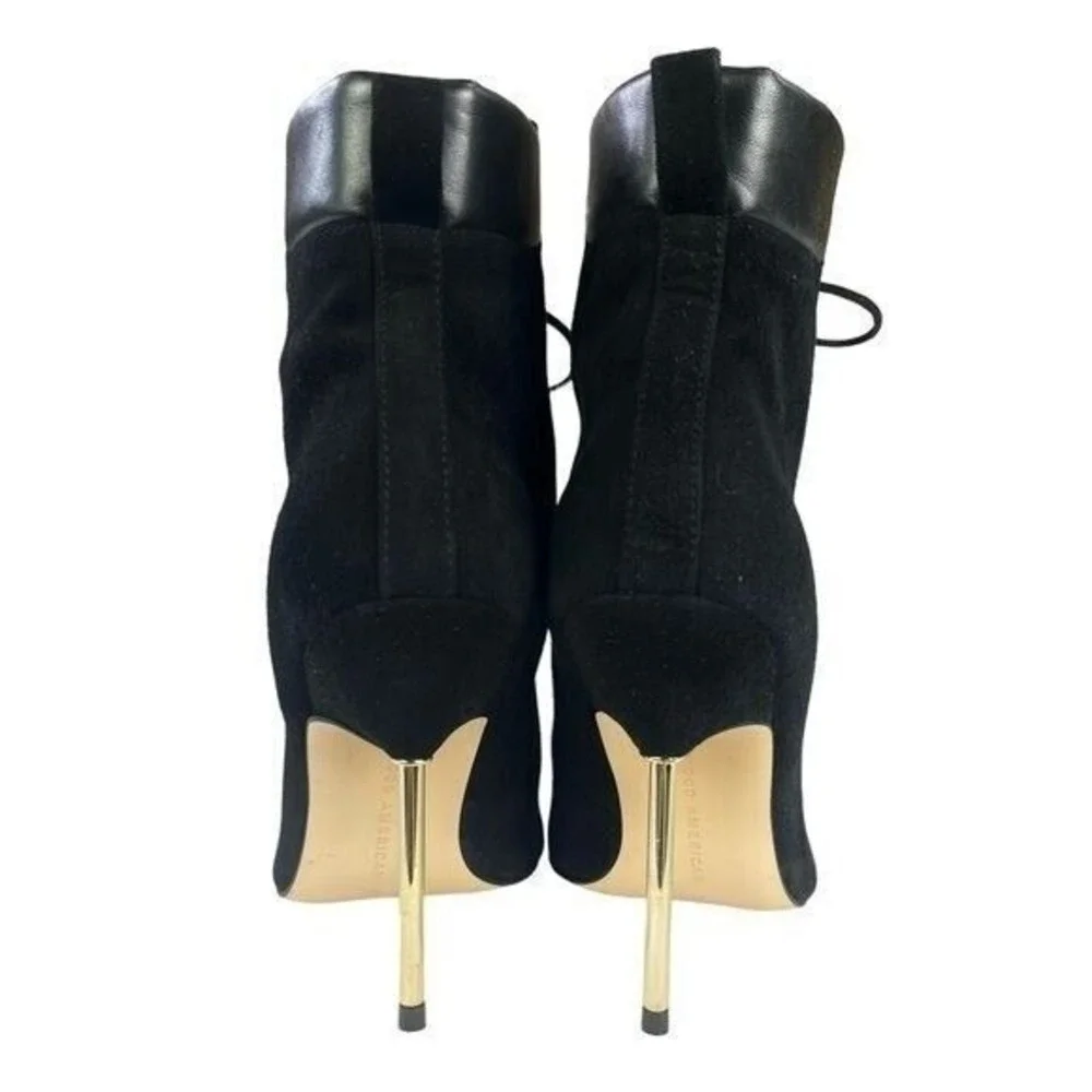 Good American Women 7 Black Suede Lace-Up Stiletto Ankle Bootie Modern Goth Chic